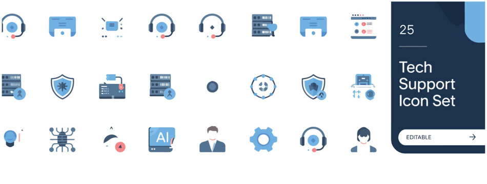 Essential tech support icon set for customer service, IT assistance, and technical problem-solving solutions.