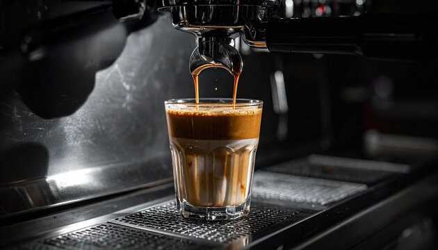 The perfect espresso pouring into a glass. The image captures the art of coffee-making with focus on the rich color of the drink and its texture