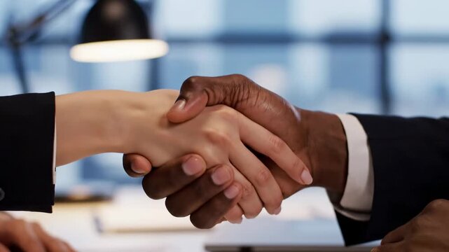 Diverse business professionals shaking hands in a modern office setting, symbolizing agreement
