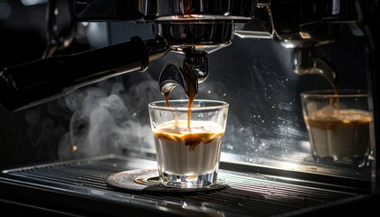 Close-up shot of espresso machine pouring espresso in a clear glass