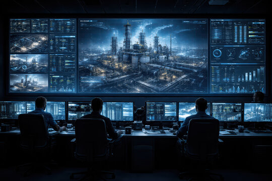 Industrial control room with multiple monitors showing data and refinery images, people monitoring operations in high tech environment