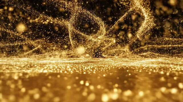 Abstract golden particles swirl and shimmer creating a magical and luxurious atmosphere