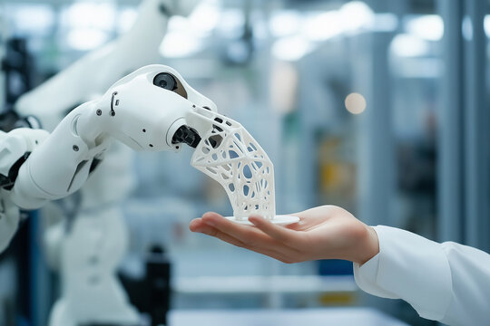 A sleek white robotic arm delicately handing a 3D-printed prototype to a human engineer&rsquo;s hand, clean bright automated factory background, shallow depth of field