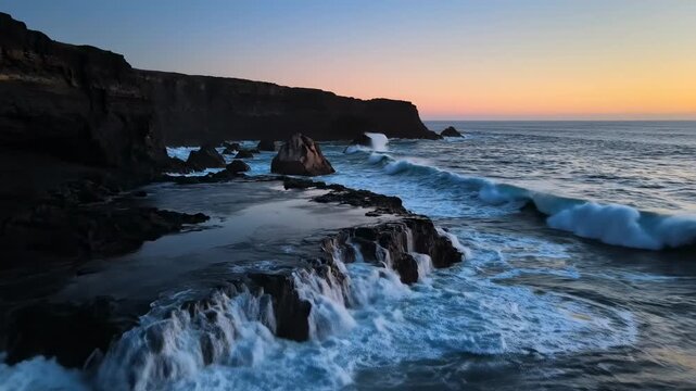 Dramatic ocean waves crash against rugged cliffs at sunset with a soft sky gradient