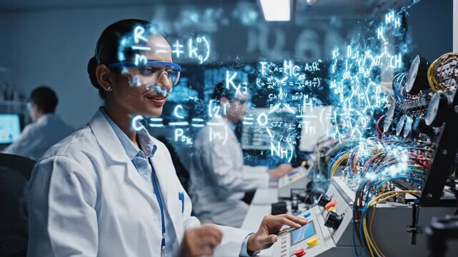Scientist analyzing complex data with futuristic holographic equations in a modern laboratory