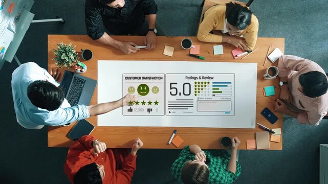 A diverse group of professionals collaborates around a table, analyzing customer satisfaction metrics. Digital interfaces and feedback tools enhance conversation and engagement. Raster