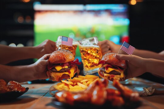 Mundial de Football 2026, Hamburguesas con Banderas de EE. UU. papas fritas y Alitas de Pollo con Brindis de Cerveza en Bar Deportivo, de fondo un partido de football