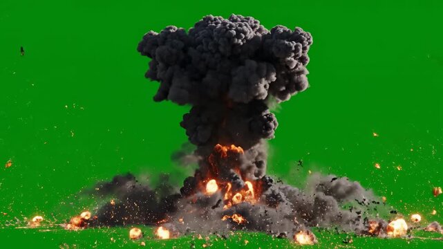 Massive explosion with debris and fireballs erupting on green screen background