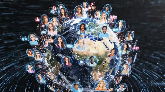Global network connecting diverse people with digital communication and data streams
