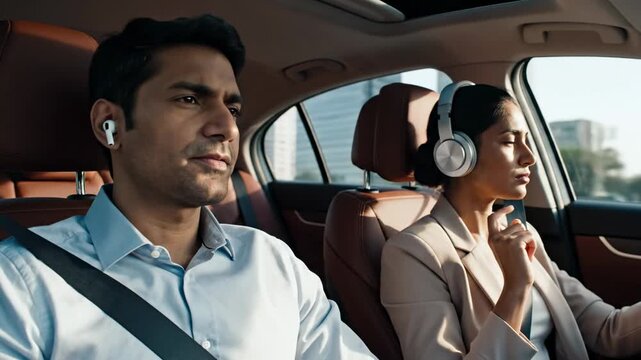 Couple enjoying music with wireless earbuds and headphones in a car