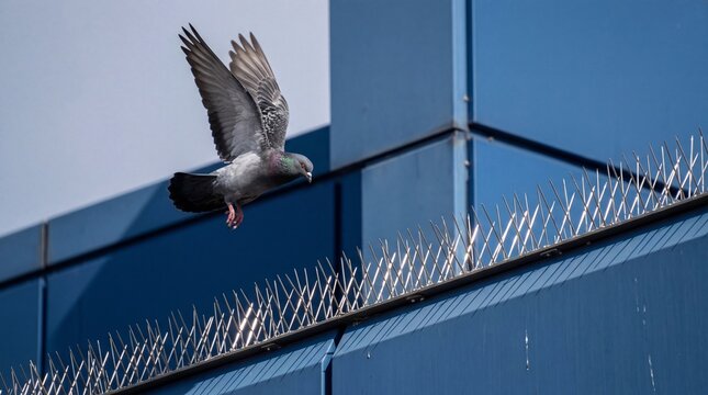 A pigeon flies away from a building with anti-roosting spikes installed on its ledge