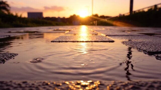 Golden Hour Sunset Reflecting on Wet Pavement with Rippling Water