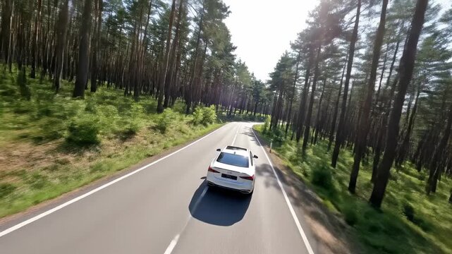 White car driving on a winding road through a dense pine forest