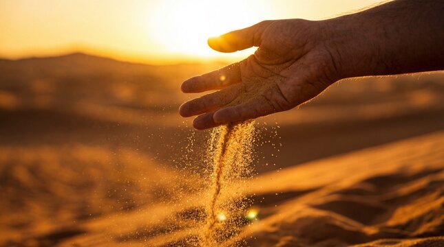 A person's hand releasing sand into the desert air during a serene sunset