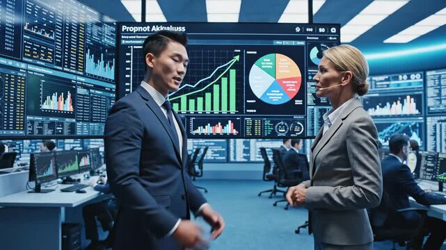 Business professionals analyze financial data on large screens in a modern trading room