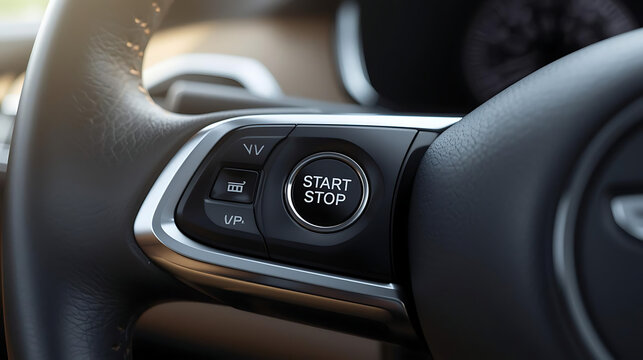 Push Button Start Stop Engine on Modern Car Steering Wheel. Close-up of Advanced Automotive Interior, Luxury Vehicle Technology & Driving Feature.