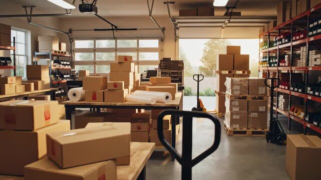 Warehouse interior with stacks of cardboard boxes and shipping supplies