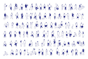 Fototapeta premium Bundle of Diverse modern characters in everyday situations . Created in isometric line people isolated style with blue outline figures on white.