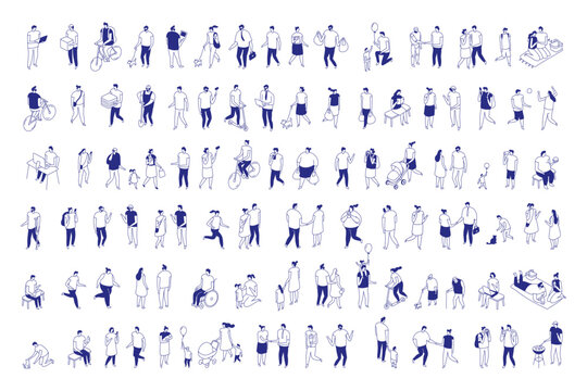Bundle of Diverse modern characters in everyday situations . Created in isometric line people isolated style with blue outline figures on white.
