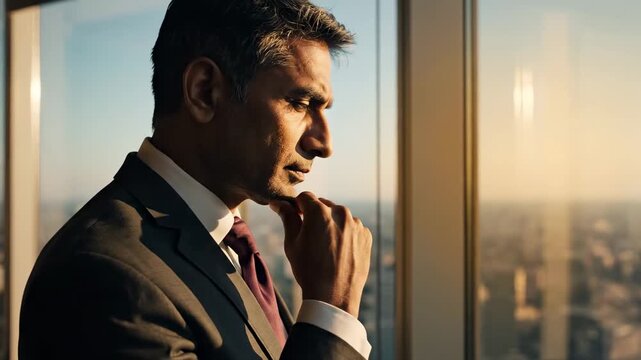 Thoughtful businessman in suit contemplating city view at sunset from office