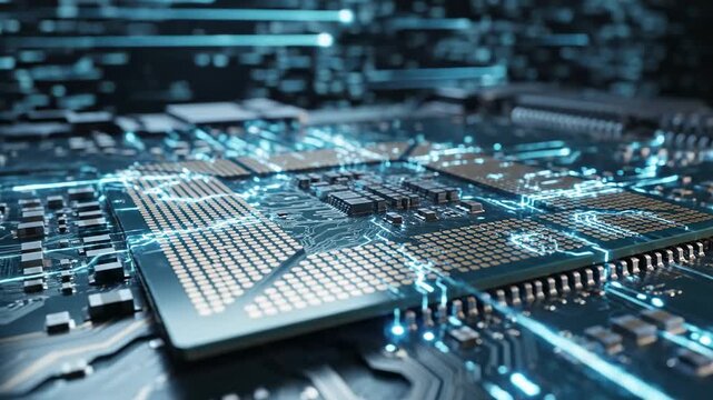 Close-up view of a futuristic computer processor on a circuit board with glowing blue lights