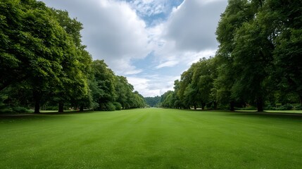 Obraz premium Expansive green park lawn lined with trees leading towards the horizon under a partly cloudy sky