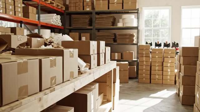 Organized warehouse interior with stacks of cardboard boxes and shipping supplies