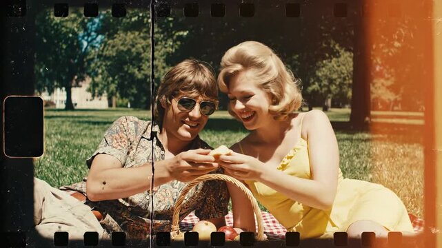 Vintage couple enjoying a romantic picnic in a sun-drenched park on a summer day