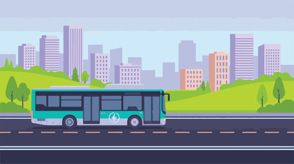 Modern electric bus driving on a city road with urban skyline and green hills © SABSTOCK