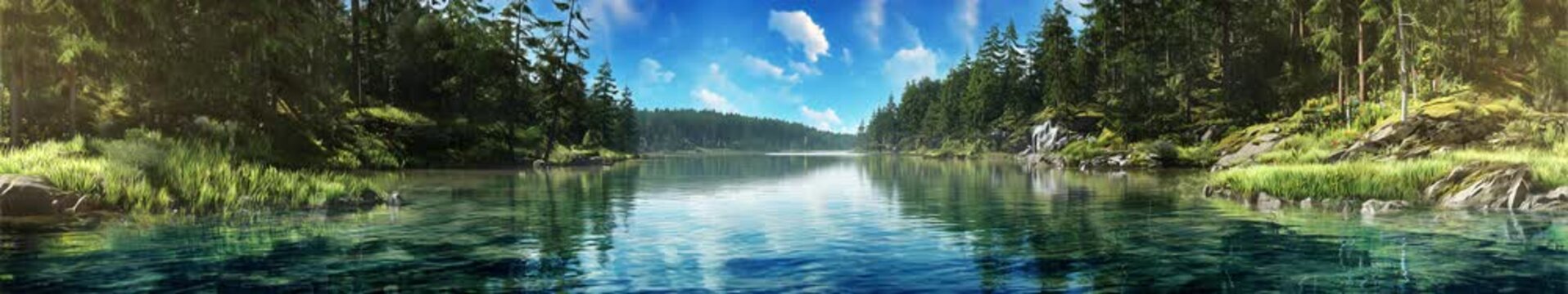 Beautiful Forest Lake Panorama with Clear Blue Sky and Vibrant Reflections