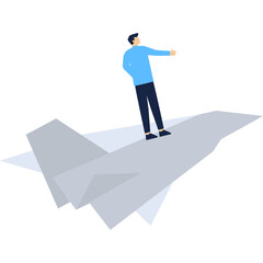 Obraz premium a businessman standing in a paperplane with the sky background. paperplane can be modified into various object suvh as money, form, contract, etc