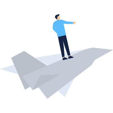 a businessman standing in a paperplane with the sky background. paperplane can be modified into various object suvh as money, form, contract, etc
