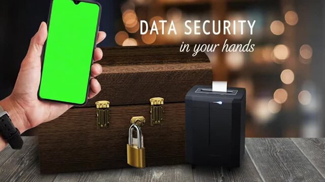 A person's hand holds a green smartphone screen near a locked wooden briefcase and a portable hard drive on a wooden table with blurred lights in the background, representing data protection