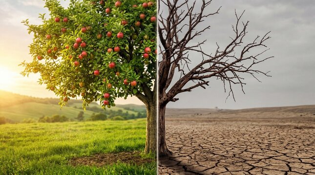 Split screen image of a healthy tree with lush green leaves and red apples on one side and a dry, barren tree with cracked earth on the other side