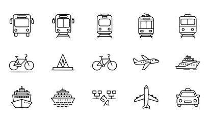Public transport line icon vector set editable stroke isolated on white bus, train, tram, metro, bicycle, ferry, airplane, taxi © Shakib