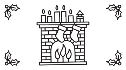 Obraz premium Christmas stockings hanging by minimalist brick fireplace with candles in simple line art for holiday greeting