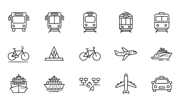 Public transport line icon vector set editable stroke isolated on white bus, train, tram, metro, bicycle, ferry, airplane, taxi