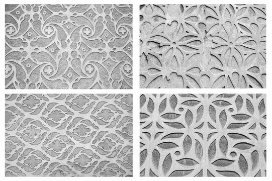 sampler with four examples of Segovian sgraffito in black and white
