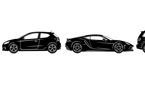 Black and white vector car illustration set four vehicles isolated on white for automotive design