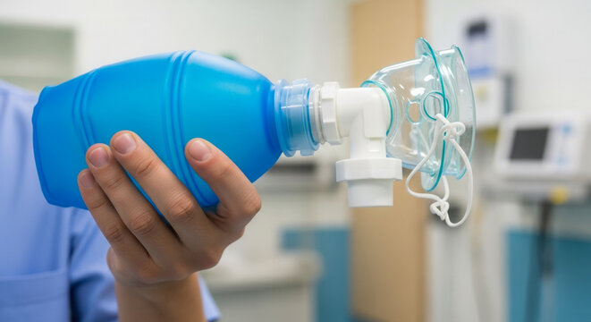 Medical worker demonstrating ambu bag device in hospital, assisted breathing and critical care equipment