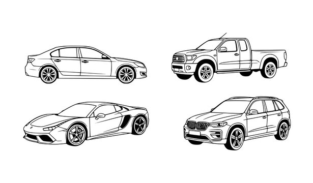 Minimal black and white car vector illustration set four vehicles isolated on white