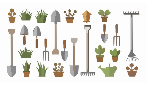 Editable stroke shovel and gardening tool vector icon set with grass isolated on white for landscaping and farming