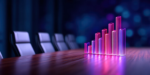 Fototapeta premium Digital glowing bar chart on wooden table in modern conference room with leather chairs, symbolizing business growth and data analysis in futuristic style