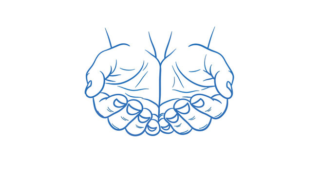 A simple line drawing depicts a pair of cupped hands open and facing upwards high quality
