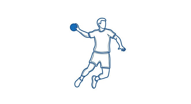 A blue line drawing depicts a handball player in mid air preparing to throw high quality professional