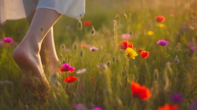 Frau l&auml;uft Barfuss &uuml;ber Wiese 