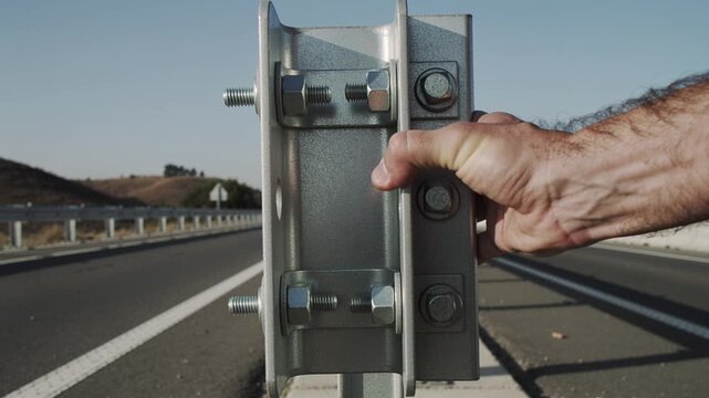 Close up of worker hand holding galvanized steel guardrail bracket with bolts on sunny highway roadside. Concept of road safety infrastructure construction and maintenance.