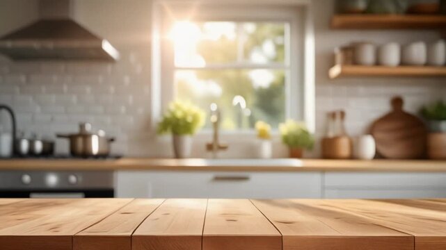 Holztisch in heller K&uuml;che mit Sonnenlicht