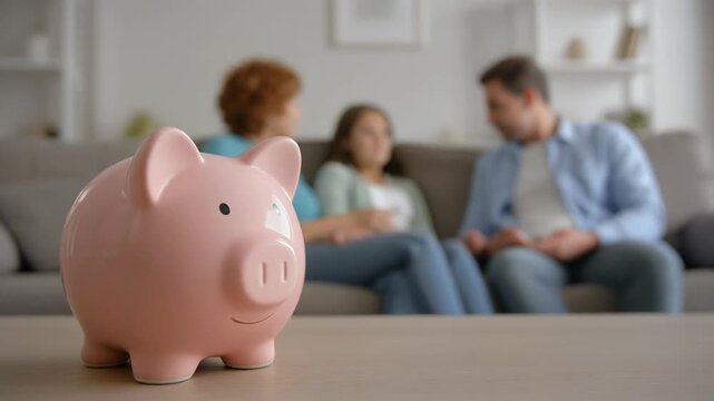 Sparschwein im Vordergrund, im Hintergrund eine Familie 