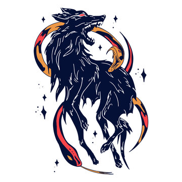 Black and blue wolf with a red and orange tail